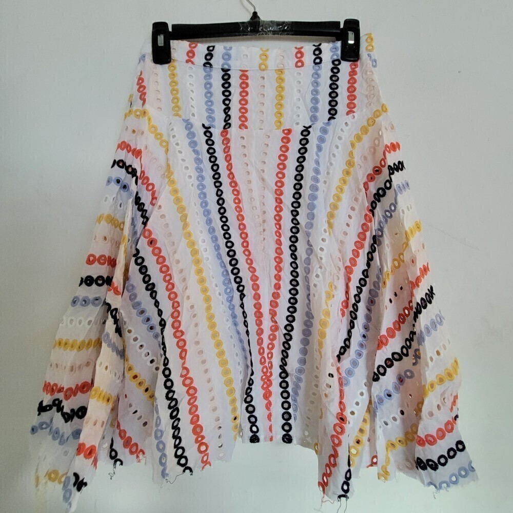 Eva Franco Colorful Eyelet Embroidered Striped Raw Frayed Hem Mini Skirt Size 4 - Picture 3 of 11